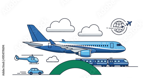 Vector graphic illustration of various transportation modes including airplane train car and helicopter in motion