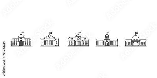 Collection of five distinct government building line art icons on a white background