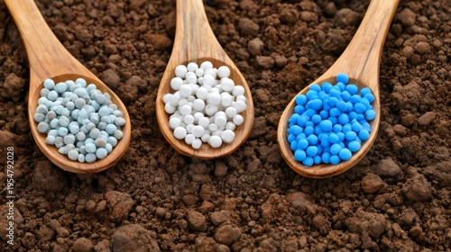 Granular fertilizer on wooden spoons in soil