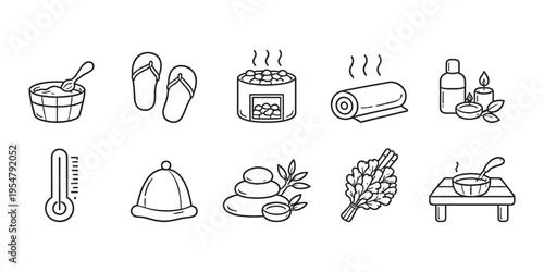Collection of line art icons representing sauna and spa relaxation elements