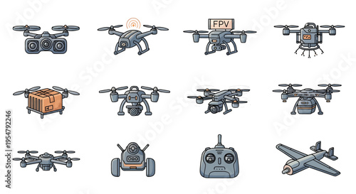 Set of Drone and Unmanned Aerial Vehicle (UAV) Vector Icons for Delivery, Photography, and Surveillance
