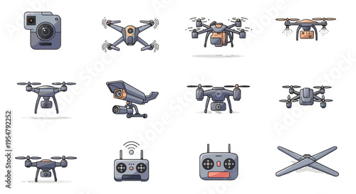 Professional Drone Technology and Aerial Photography Icon Set for Surveillance, Agriculture, and Delivery Illustration