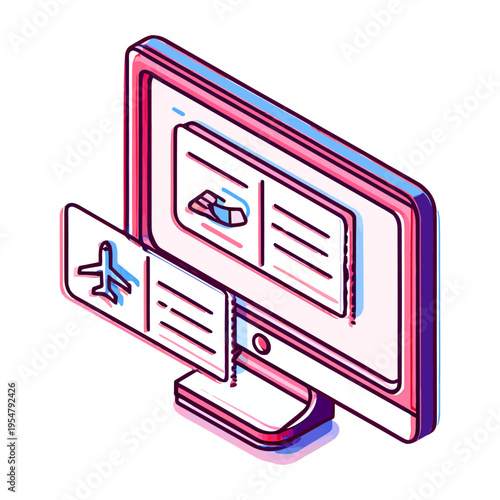 Vector of a computer monitor displaying flight booking details and an airplane icon