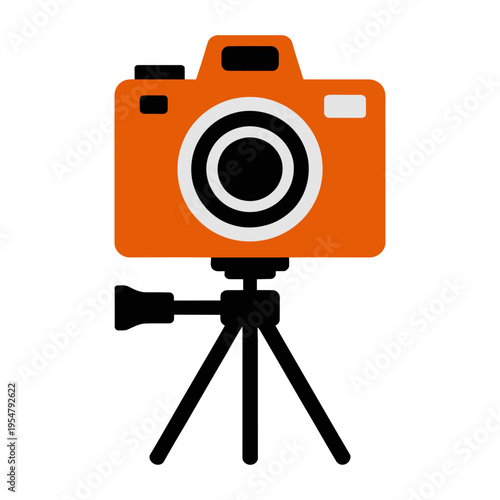 Vector of an orange camera mounted on a black tripod for stability.