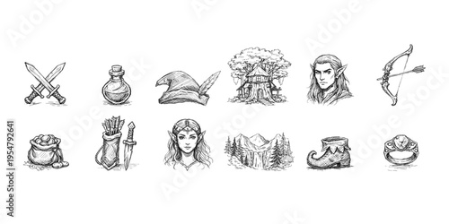 Hand-drawn medieval fantasy elements for role-playing games