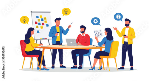 Business team collaborating and brainstorming ideas in a meeting room with laptops and whiteboard