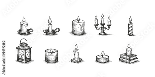 Collection of hand-drawn illustrations of various burning candles and a lantern