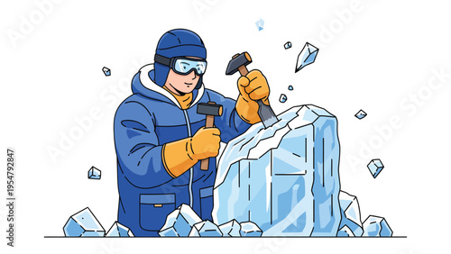 Ice Sculpture Artisan: A focused craftsman uses precision tools to carve a magnificent ice sculpture. Depicting the artistic process and skill required