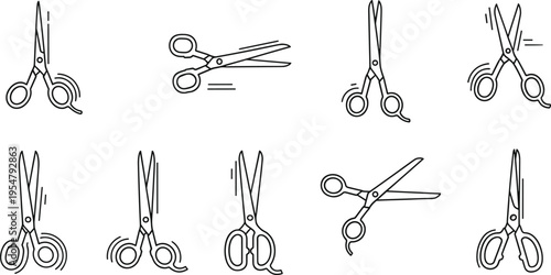 Hair cutting scissors icons with motion lines barber tools outline vector illustration