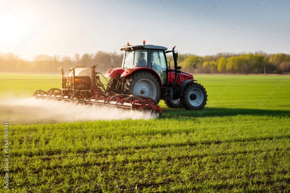 Fototapeta premium Red tractor spraying fertilizer on green crop field