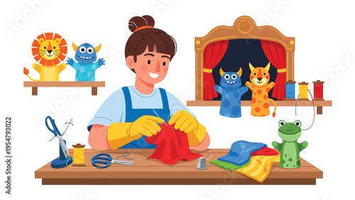 Crafting Stories: A dedicated craftsperson, absorbed in creating intricate puppets, skillfully manipulates fabric with needle and thread.