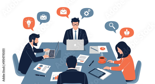 Business team collaborating on project with laptops and documents around a table