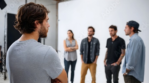 Director oversees a team of professionals collaborating in a modern photo studio during a creative session