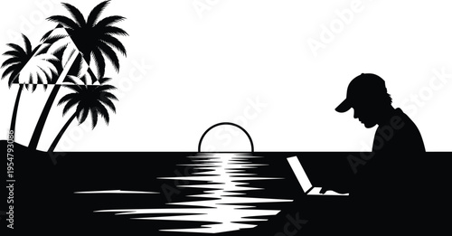Silhouette of man working on laptop by ocean with palm trees at sunset