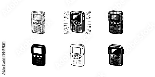 Collection of vintage handheld gaming devices in various artistic styles and colors