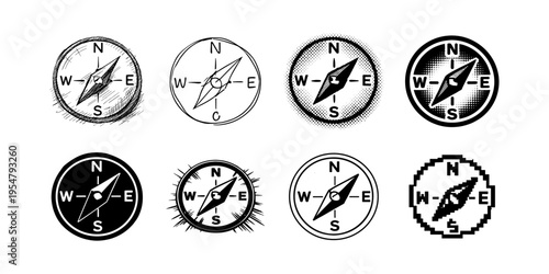 Collection of eight diverse compass icons in black and white styles