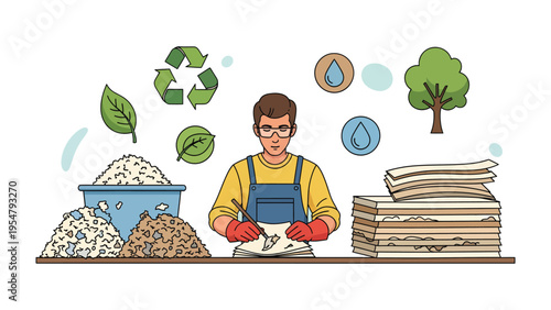 Eco-conscious Craftsman in Action: A skilled artisan diligently works amidst symbols of sustainability, including leaves, a recycling symbol, water droplets, and a tree.