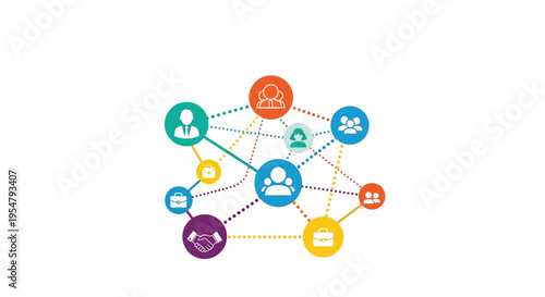 Colorful vector graphic illustrating connections between business professionals and communication