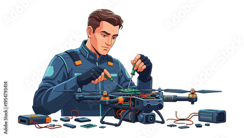 Drone Technician at Work: A skilled technician diligently repairs a drone, meticulously working with precision and expertise, symbolizing technology and innovation.