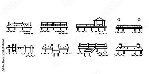 Collection of simple line art icons representing various types of piers and docks over water