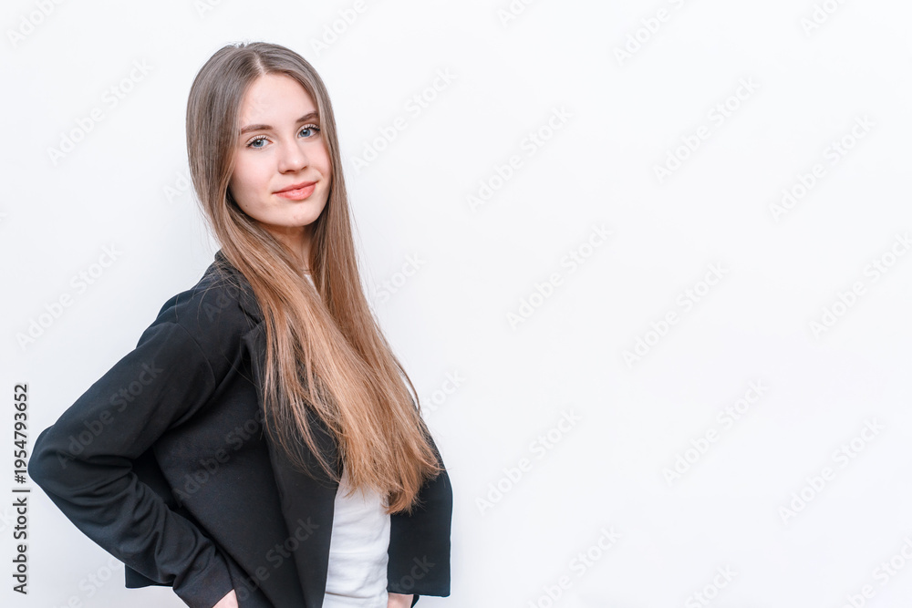 Obraz premium Banner with a young woman or a teenage girl, isolated background, lots of empty space for text