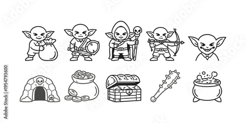 Cute cartoon goblins and fantasy adventure elements in a simple line art style