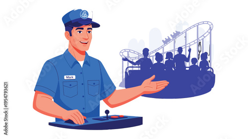 Amusement Park Ride Operator: An amusement park ride operator stands with pride, presenting the exhilarating experience of a roller coaster ride to all potential riders.