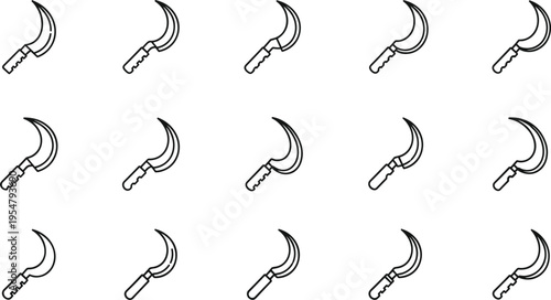 Minimal sickle icons set with small curved farming tools outline vector illustration