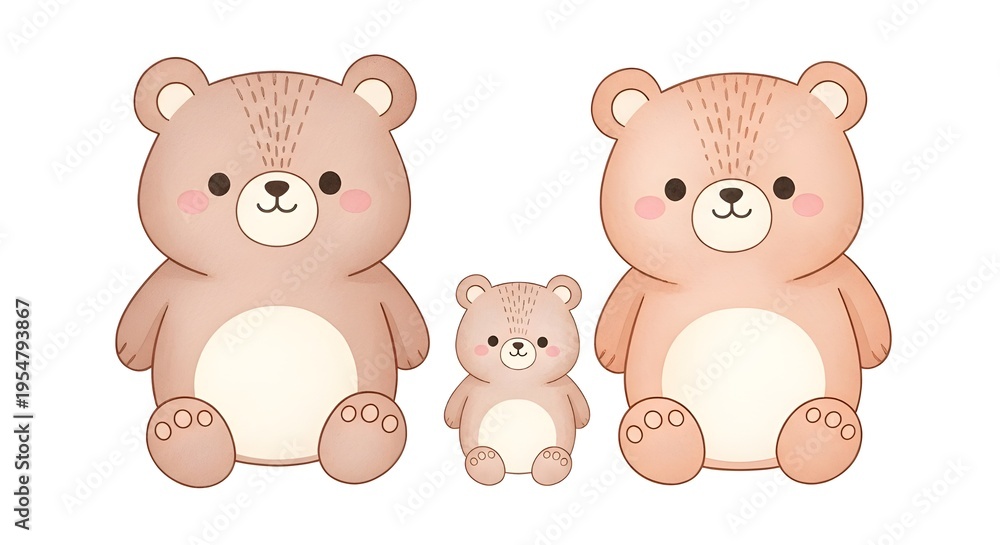 Obraz premium Adorable cartoon bear family illustration featuring three charming bears of varying sizes, perfect for children's books, nursery decor, and gentle design projects showcasing togetherness and warmth