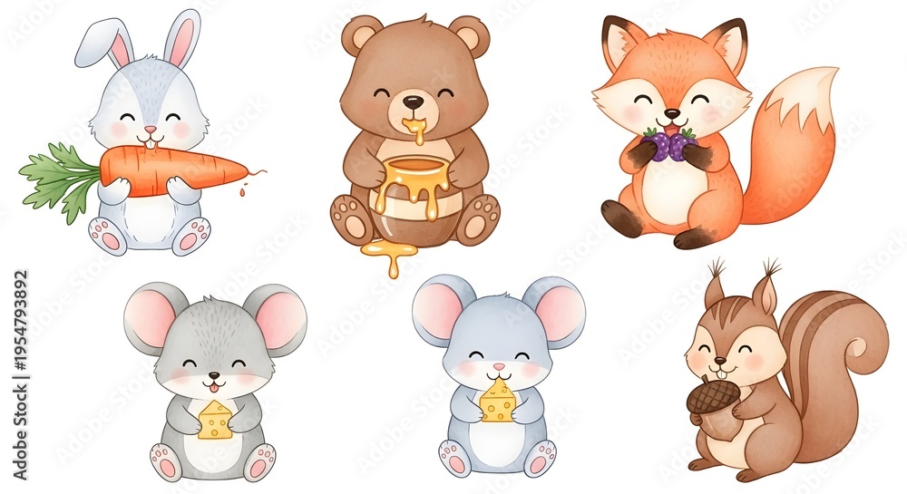 Obraz premium Adorable Forest Critters A Charming Collection of Hand-Drawn Baby Animals Holding Their Favorite Treats, Perfect for Kids' Designs and Invitations