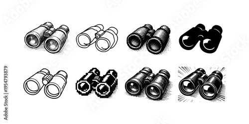 Collection of eight different binocular illustrations in various artistic styles and resolutions