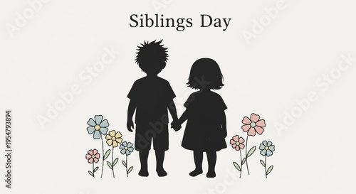 Silhouette of a boy and girl holding hands on siblings day with colorful flowers