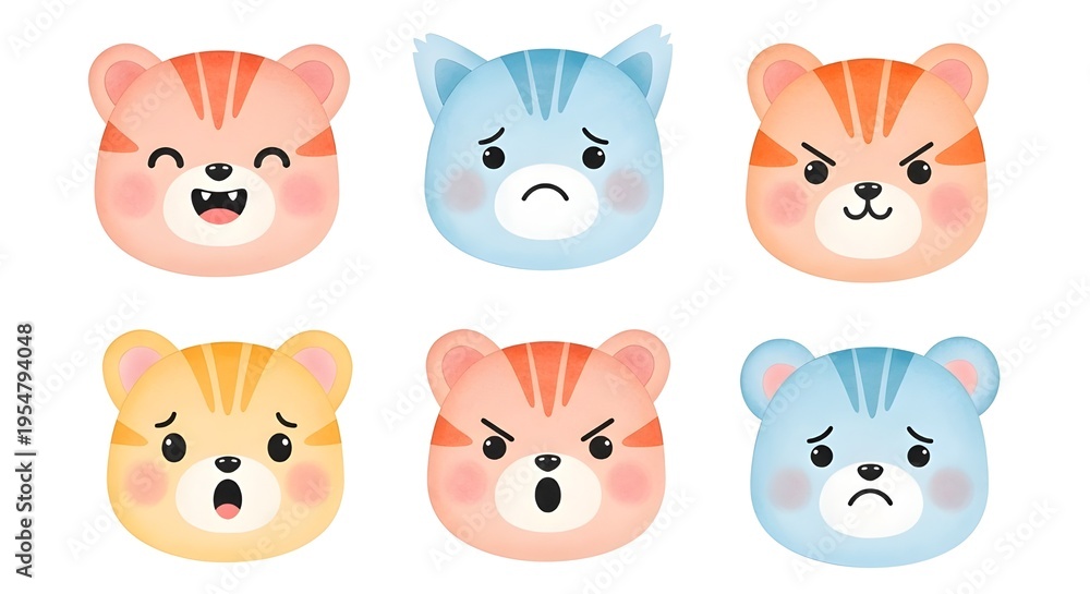 Fototapeta premium Collection of Six Adorable Cartoon Cat Faces Expressing Diverse Emotions and Expressions