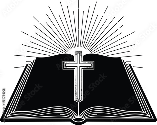 Open Bible with Cross and Radiant Lines book black