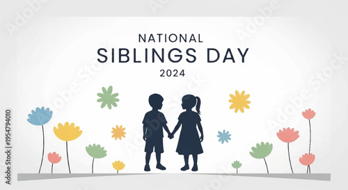Silhouettes of boy and girl holding hands on national siblings day with colorful flowers
