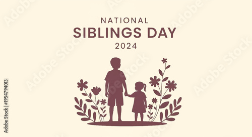 Siblings day 2024 poster with a boy and girl holding hands surrounded by flowers and leaves on a beige background