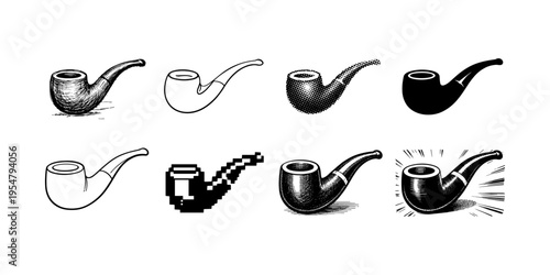 Collection of eight distinct pipe illustrations in various artistic styles and techniques