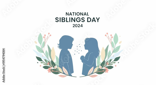 Siblings day 2024 illustration with blue silhouettes of a boy and girl surrounded by colorful flowers and leaves on white background