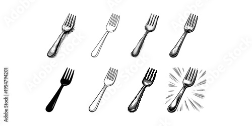 Collection of diverse fork illustrations in various artistic styles on a white background