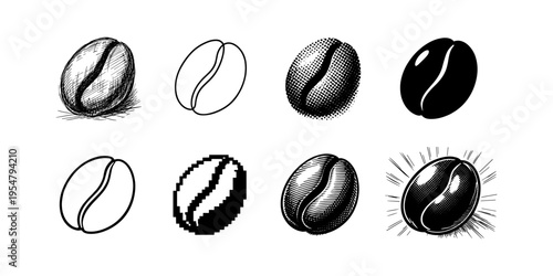 Collection of diverse coffee bean illustrations in various artistic styles and techniques