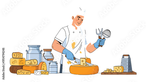 Artisan Cheese Maker: A skilled artisan, clad in professional attire, is meticulously crafting cheese, surrounded by an array of dairy essentials, including fresh milk, cream.
