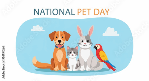 National pet day illustration with dog cat rabbit and parrot on light blue background with clouds