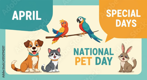 National pet day april illustration with dog cat rabbit parrot and macaw on colorful background