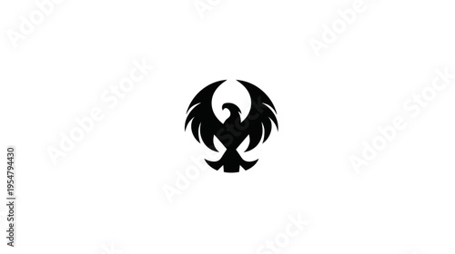 Black Phoenix or Eagle Silhouette with Spread Wings Icon on White Background, Symbol of Power, Freedom, and Rebirth