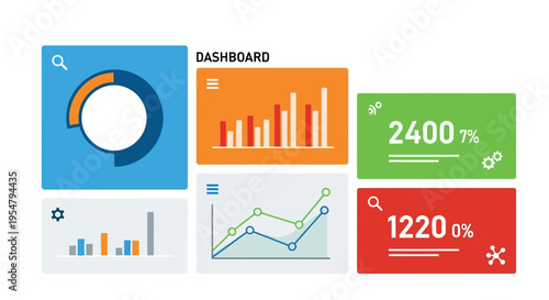Colorful vector graphic illustration of a business dashboard with various charts and graphs displayed prominently