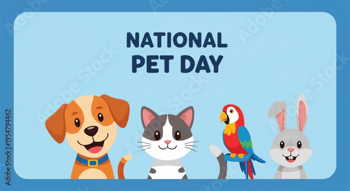 National pet day celebration with cartoon animals dog cat parrot bunny
