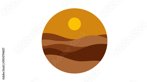 Flat design desert landscape illustration with warm sunset or sunrise over rolling sand dunes in a minimalist circular frame.