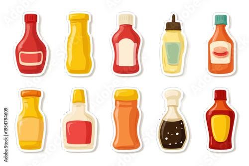 Assorted colorful sauce bottles collection with labels