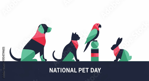 National pet day illustration with dog cat parrot and rabbit wearing red vests on white background
