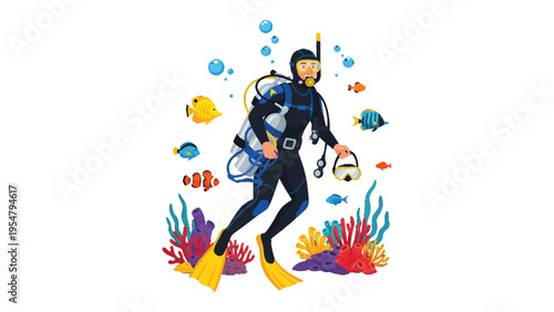 Aquatic Explorer: A vibrant illustration captures a scuba diver's underwater journey, surrounded by colorful coral and marine life, bubbles float, inviting viewers into an immersive aquatic adventure.